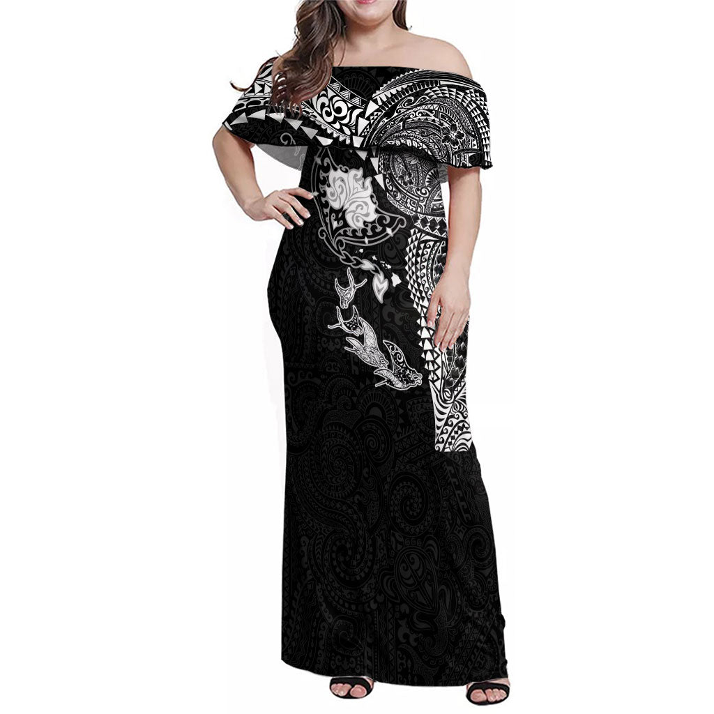 Hawaiian Manta Ray Tribal Family Matching Off Shoulder Maxi Dress and Hawaiian Shirt Polynesian Art Motifs Black Color