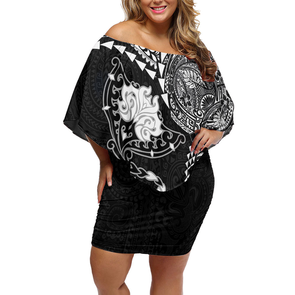 Hawaiian Manta Ray Tribal Family Matching Off Shoulder Short Dress and Hawaiian Shirt Polynesian Art Motifs Black Color