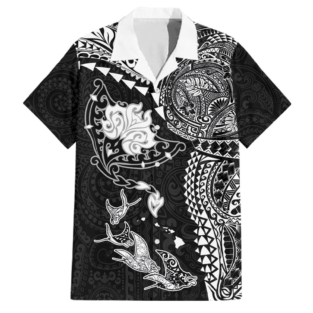 Hawaiian Manta Ray Tribal Family Matching Puletasi and Hawaiian Shirt Polynesian Art Motifs Black Color