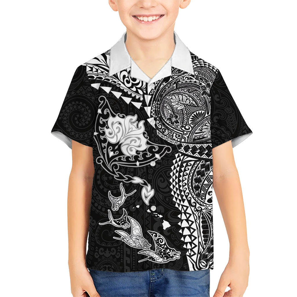 Hawaiian Manta Ray Tribal Family Matching Puletasi and Hawaiian Shirt Polynesian Art Motifs Black Color