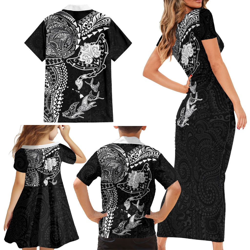 Hawaiian Manta Ray Tribal Family Matching Short Sleeve Bodycon Dress and Hawaiian Shirt Polynesian Art Motifs Black Color