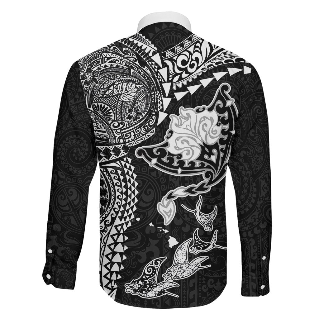 Hawaiian Manta Ray Tribal Family Matching Short Sleeve Bodycon Dress and Hawaiian Shirt Polynesian Art Motifs Black Color