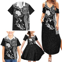Hawaiian Manta Ray Tribal Family Matching Summer Maxi Dress and Hawaiian Shirt Polynesian Art Motifs Black Color