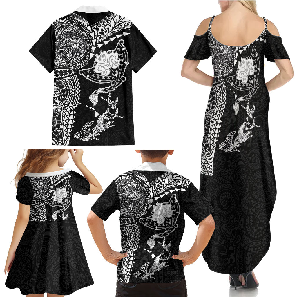Hawaiian Manta Ray Tribal Family Matching Summer Maxi Dress and Hawaiian Shirt Polynesian Art Motifs Black Color