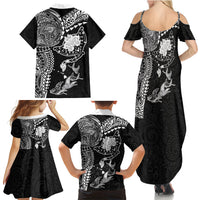 Hawaiian Manta Ray Tribal Family Matching Summer Maxi Dress and Hawaiian Shirt Polynesian Art Motifs Black Color