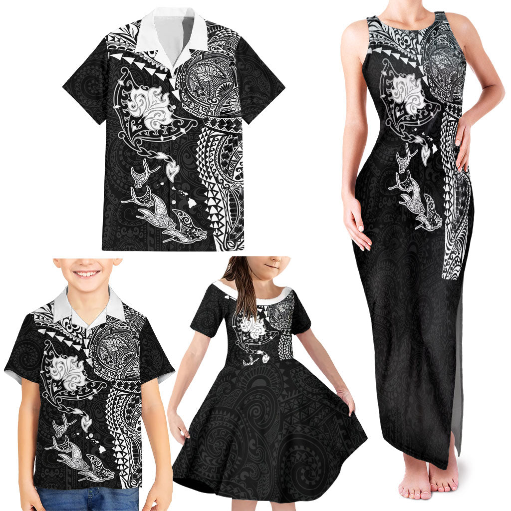 Hawaiian Manta Ray Tribal Family Matching Tank Maxi Dress and Hawaiian Shirt Polynesian Art Motifs Black Color