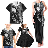 Hawaiian Manta Ray Tribal Family Matching Tank Maxi Dress and Hawaiian Shirt Polynesian Art Motifs Black Color
