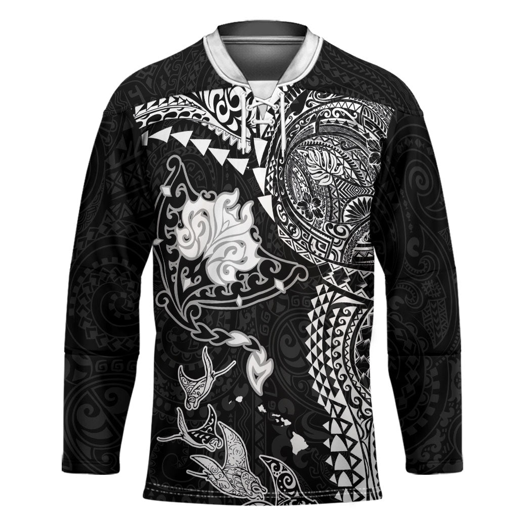 Hawaiian Manta Ray Tribal Hockey Jersey Polynesian Art Motifs Black Color
