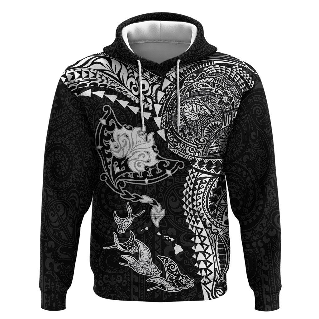 Hawaiian Manta Ray Tribal Hoodie Polynesian Art Motifs Black Color LT03 Pullover Hoodie Black - Polynesian Pride