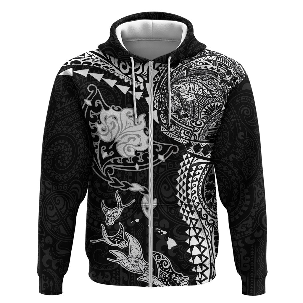 Hawaiian Manta Ray Tribal Hoodie Polynesian Art Motifs Black Color