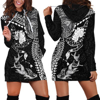 Hawaiian Manta Ray Tribal Hoodie Dress Polynesian Art Motifs Black Color