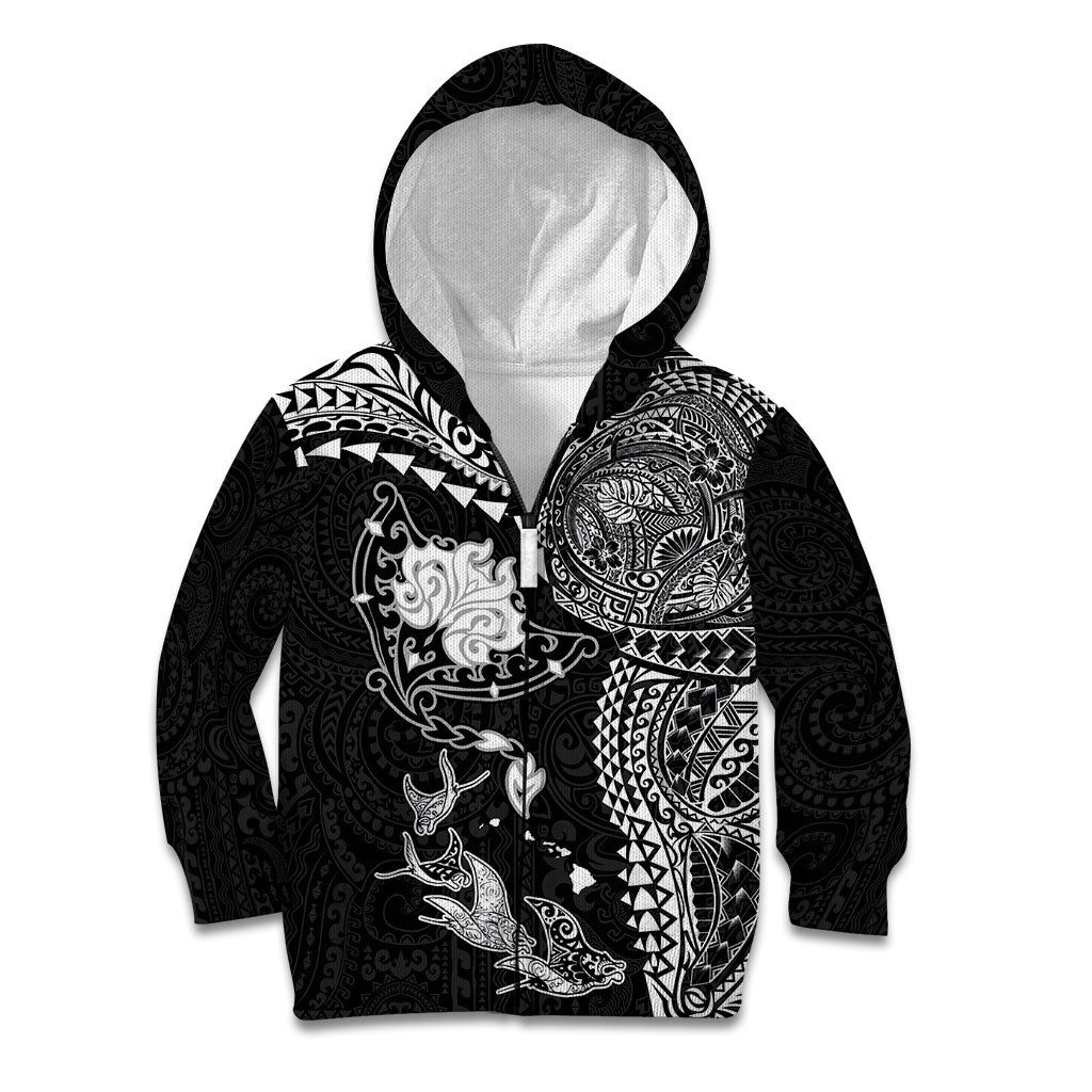 Hawaiian Manta Ray Tribal Kid Hoodie Polynesian Art Motifs Black Color