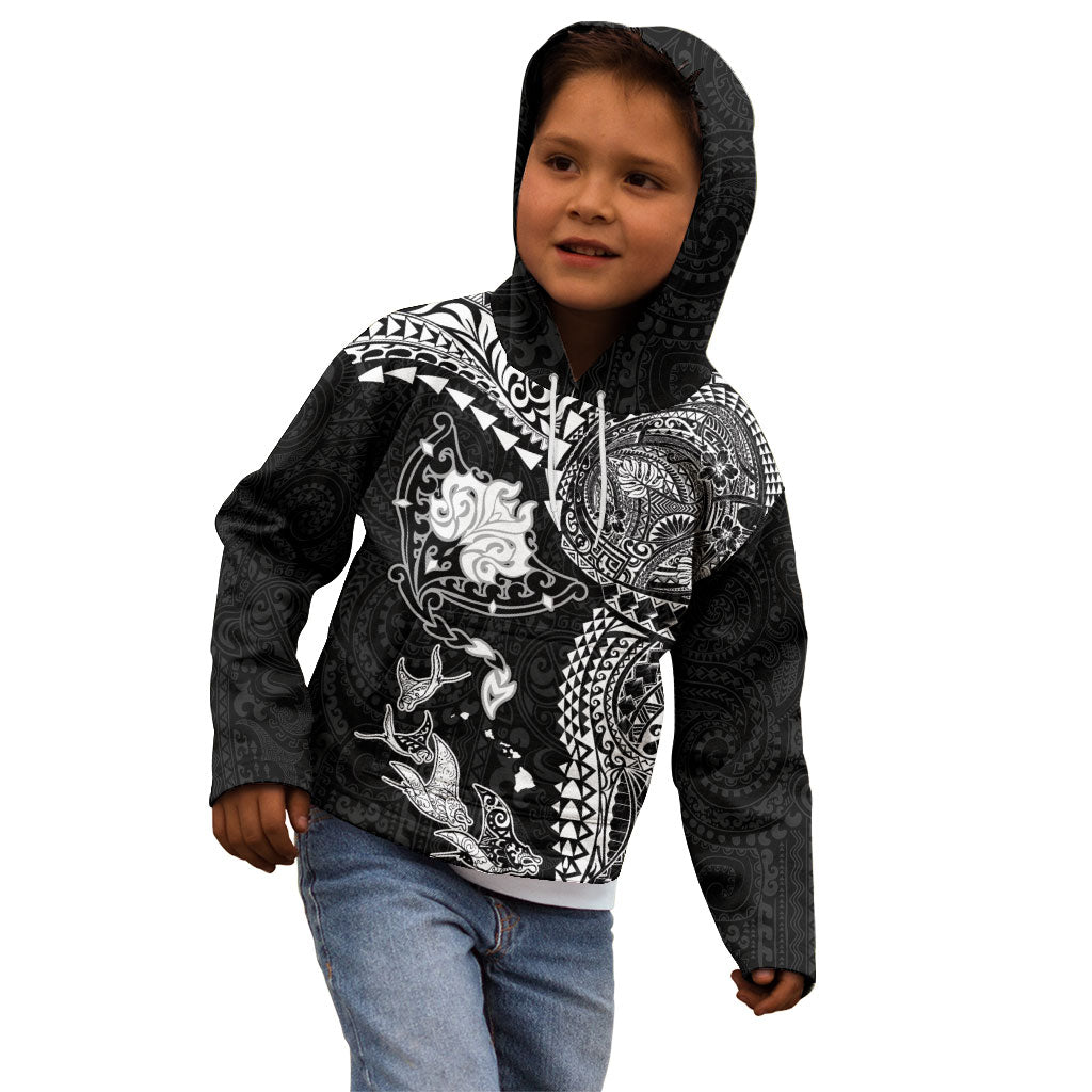 Hawaiian Manta Ray Tribal Kid Hoodie Polynesian Art Motifs Black Color