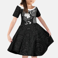 Hawaiian Manta Ray Tribal Kid Short Sleeve Dress Polynesian Art Motifs Black Color