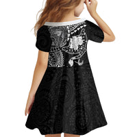 Hawaiian Manta Ray Tribal Kid Short Sleeve Dress Polynesian Art Motifs Black Color
