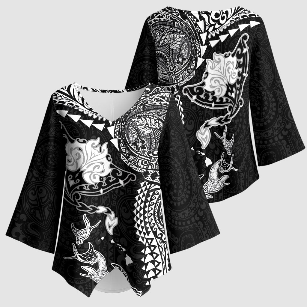 Hawaiian Manta Ray Tribal Kimono Sleeve Blouse Polynesian Art Motifs Black Color
