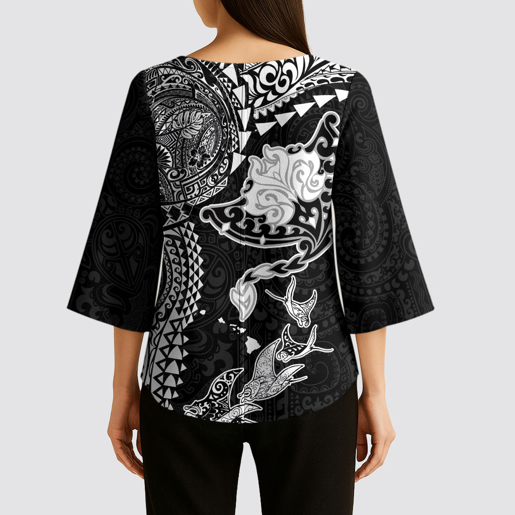 Hawaiian Manta Ray Tribal Kimono Sleeve Blouse Polynesian Art Motifs Black Color