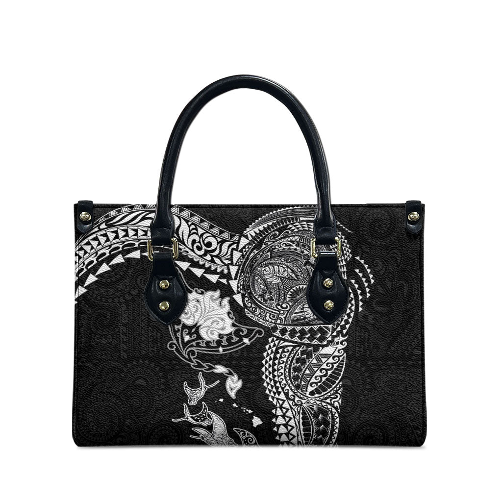 Hawaiian Manta Ray Tribal Leather Bag Polynesian Art Motifs Black Color