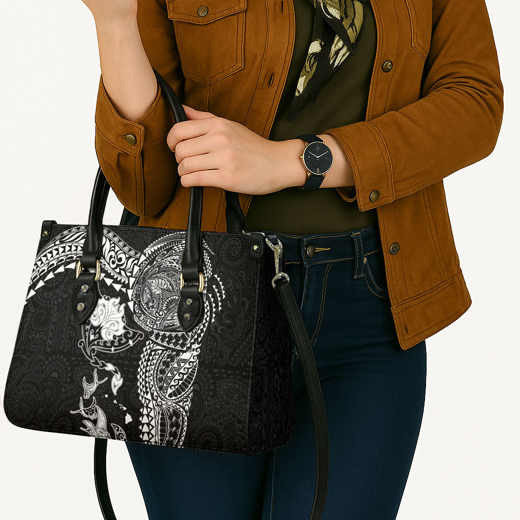 Hawaiian Manta Ray Tribal Leather Bag Polynesian Art Motifs Black Color