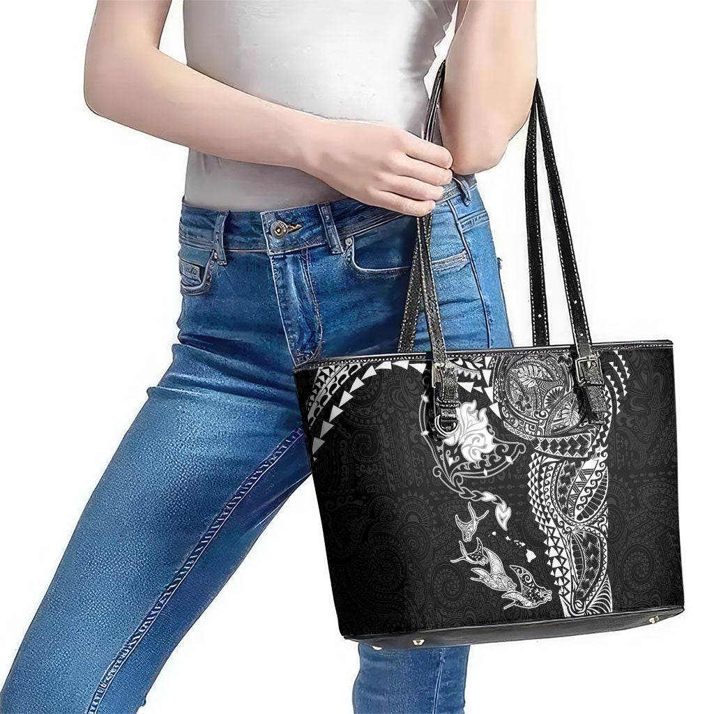 Hawaiian Manta Ray Tribal Leather Tote Bag Polynesian Art Motifs Black Color