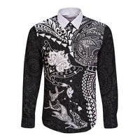 Hawaiian Manta Ray Tribal Long Sleeve Button Shirt Polynesian Art Motifs Black Color