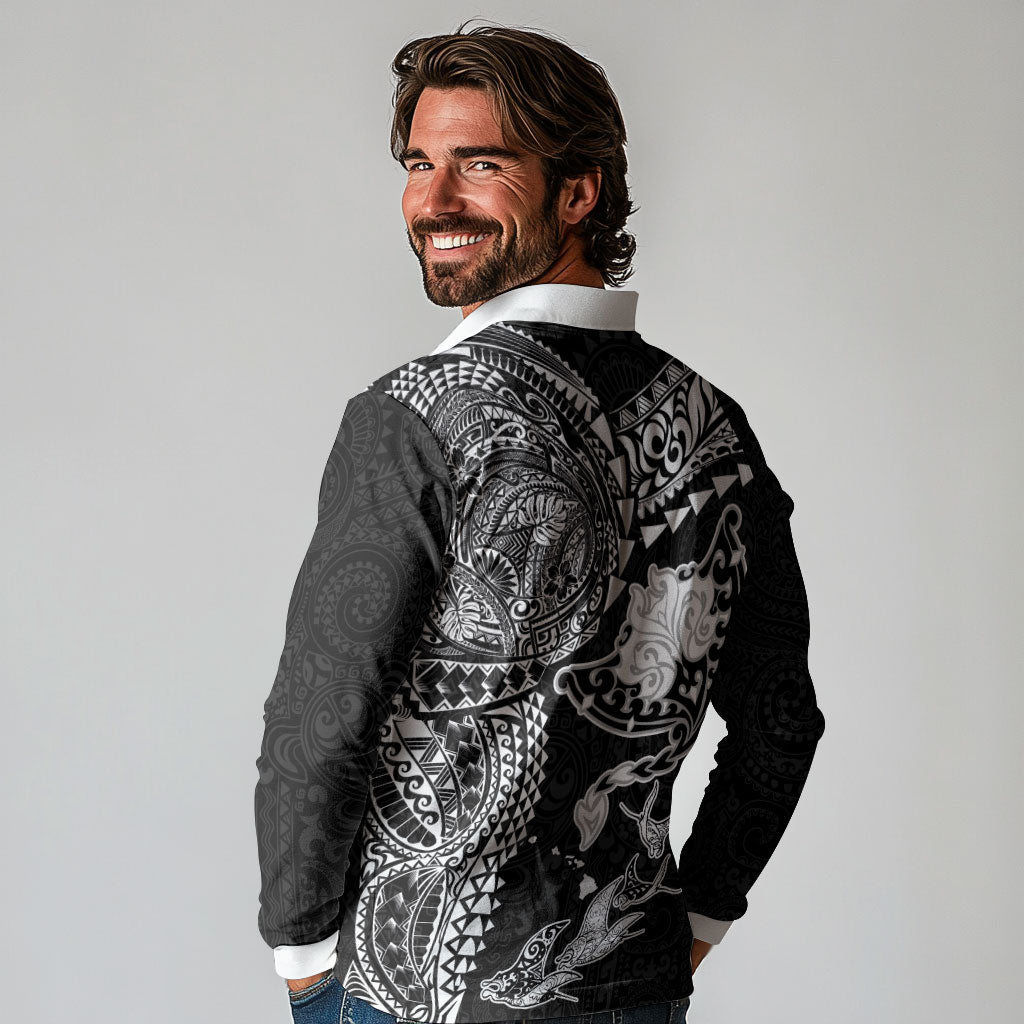 Hawaiian Manta Ray Tribal Long Sleeve Polo Shirt Polynesian Art Motifs Black Color
