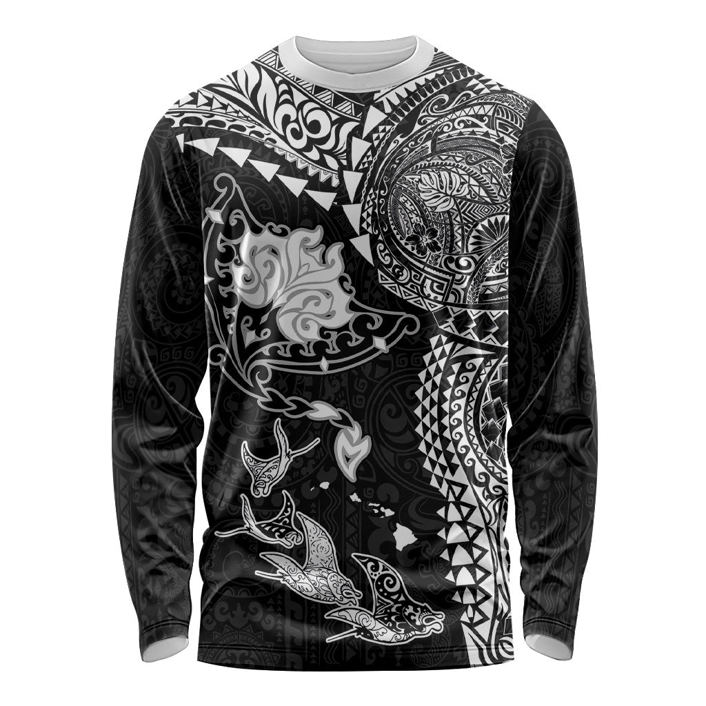 Hawaiian Manta Ray Tribal Long Sleeve Shirt Polynesian Art Motifs Black Color LT03 Unisex Black - Polynesian Pride