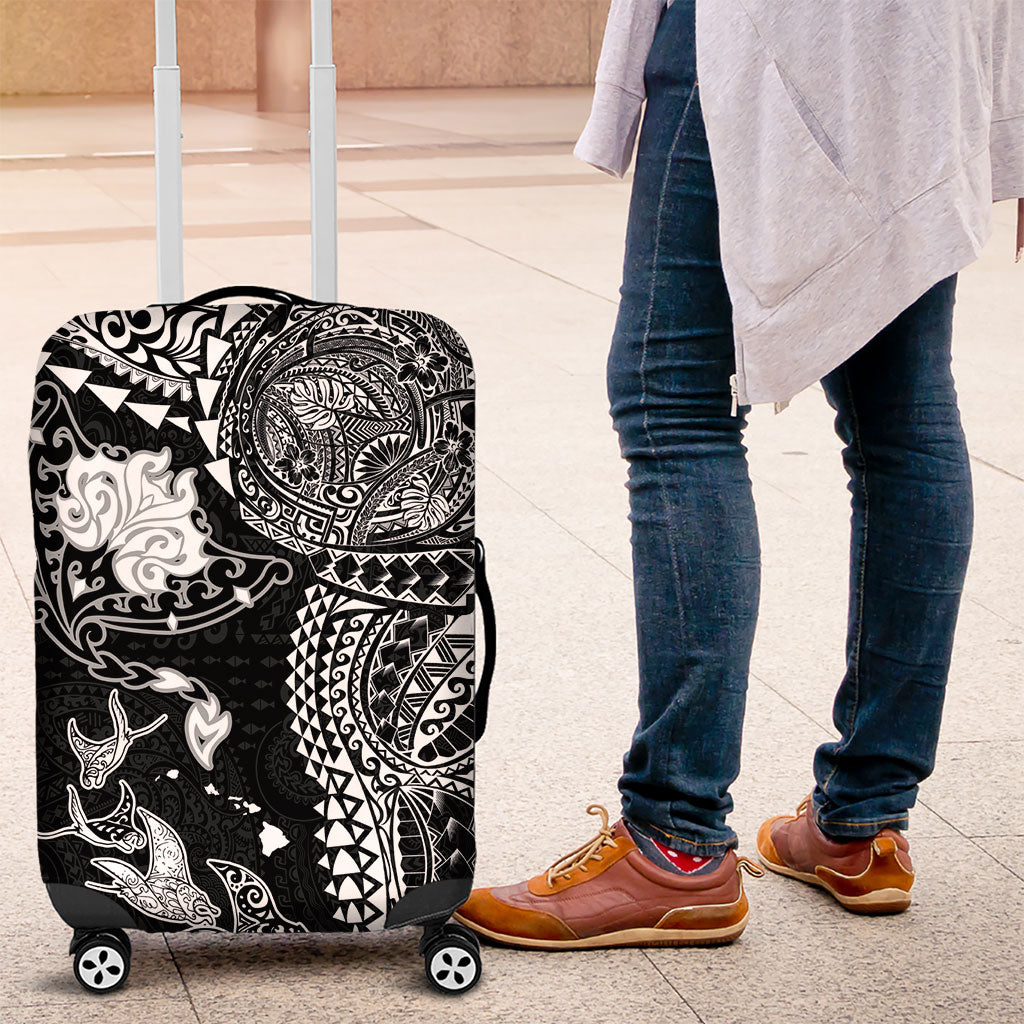 Hawaiian Manta Ray Tribal Luggage Cover Polynesian Art Motifs Black Color