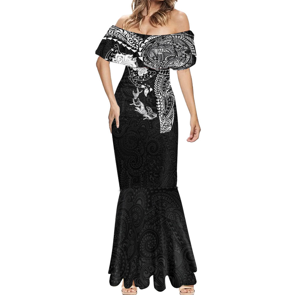 Hawaiian Manta Ray Tribal Mermaid Dress Polynesian Art Motifs Black Color