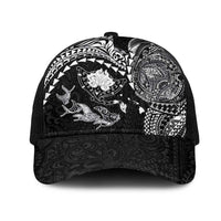 Hawaiian Manta Ray Tribal Mesh Trucker Cap Polynesian Art Motifs Black Color