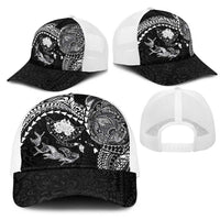 Hawaiian Manta Ray Tribal Mesh Trucker Cap Polynesian Art Motifs Black Color