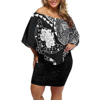 Hawaiian Manta Ray Tribal Off Shoulder Short Dress Polynesian Art Motifs Black Color