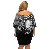 Hawaiian Manta Ray Tribal Off Shoulder Short Dress Polynesian Art Motifs Black Color