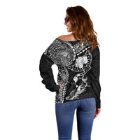 Hawaiian Manta Ray Tribal Off Shoulder Sweater Polynesian Art Motifs Black Color