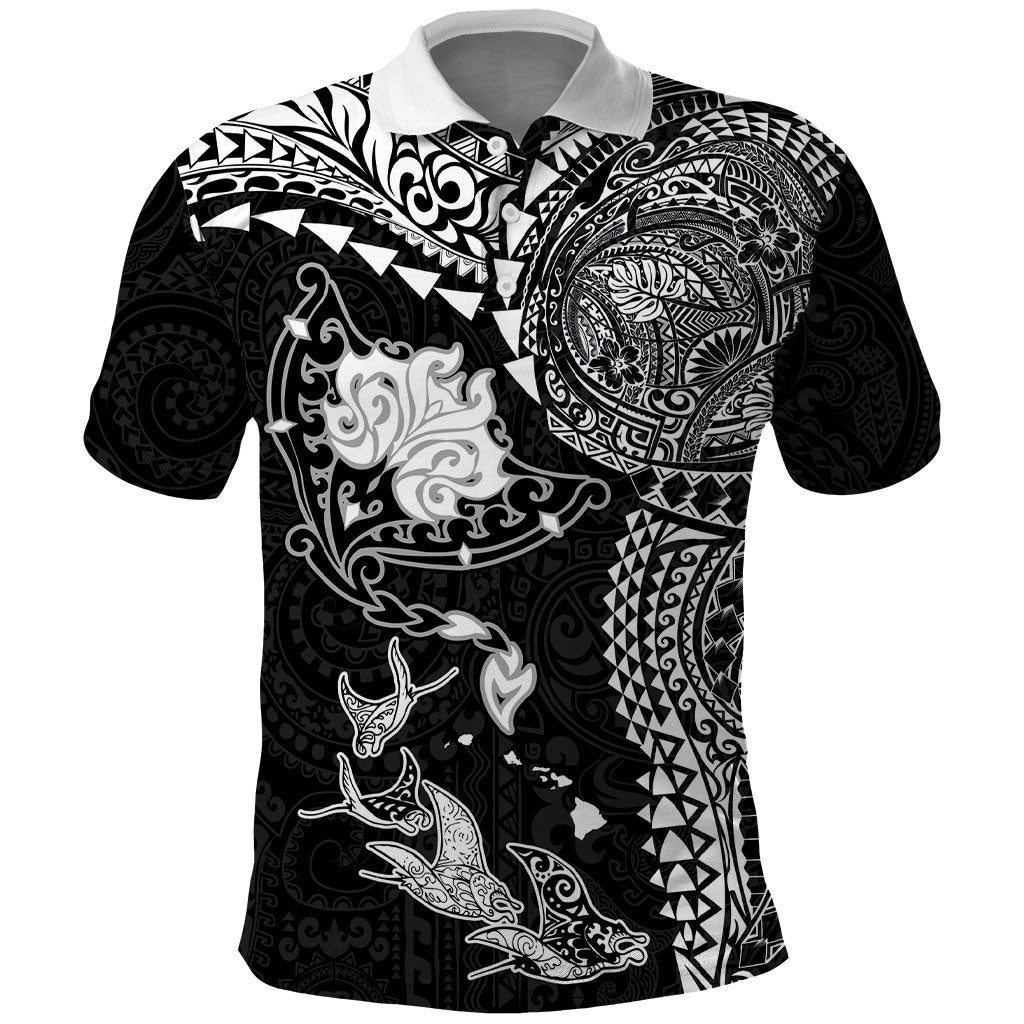 Hawaiian Manta Ray Tribal Polo Shirt Polynesian Art Motifs Black Color