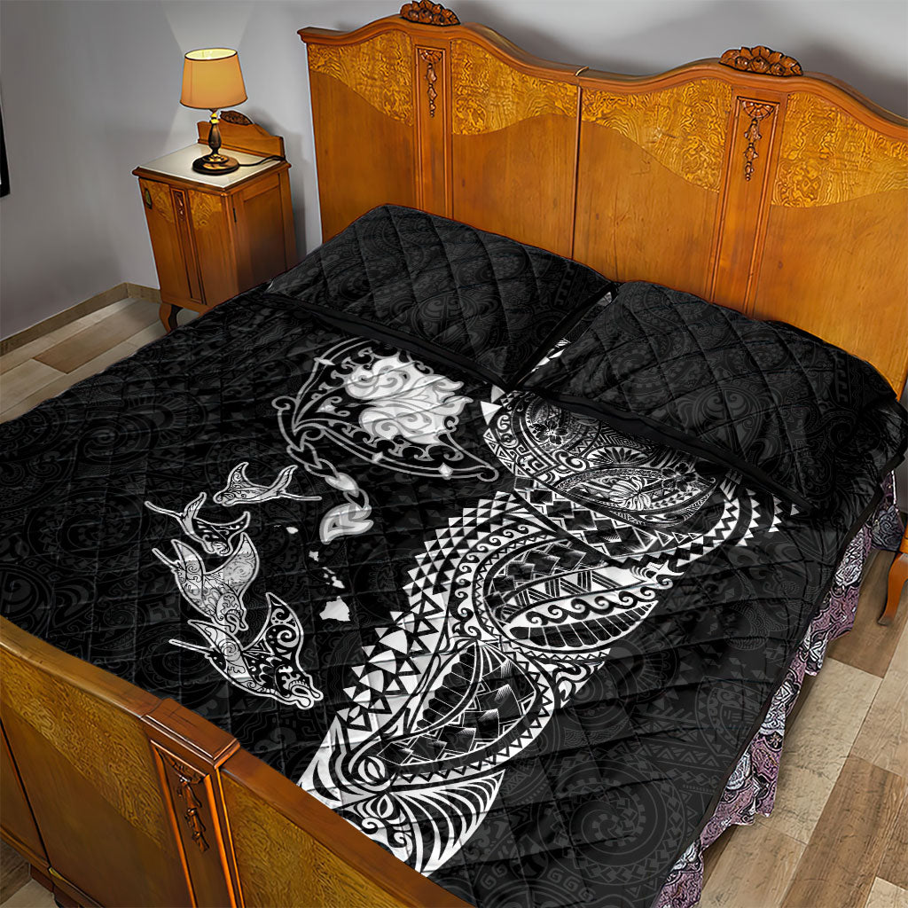 Hawaiian Manta Ray Tribal Quilt Bed Set Polynesian Art Motifs Black Color