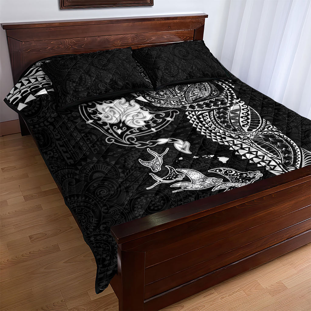 Hawaiian Manta Ray Tribal Quilt Bed Set Polynesian Art Motifs Black Color