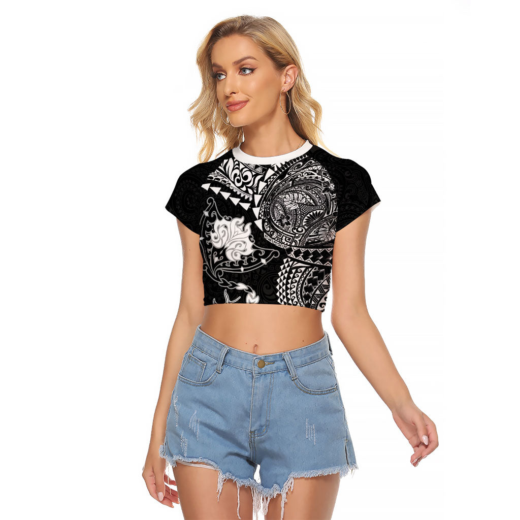 Hawaiian Manta Ray Tribal Raglan Cropped T Shirt Polynesian Art Motifs Black Color