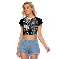 Hawaiian Manta Ray Tribal Raglan Cropped T Shirt Polynesian Art Motifs Black Color