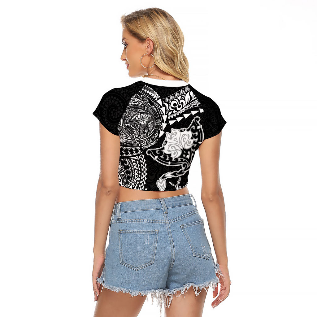 Hawaiian Manta Ray Tribal Raglan Cropped T Shirt Polynesian Art Motifs Black Color
