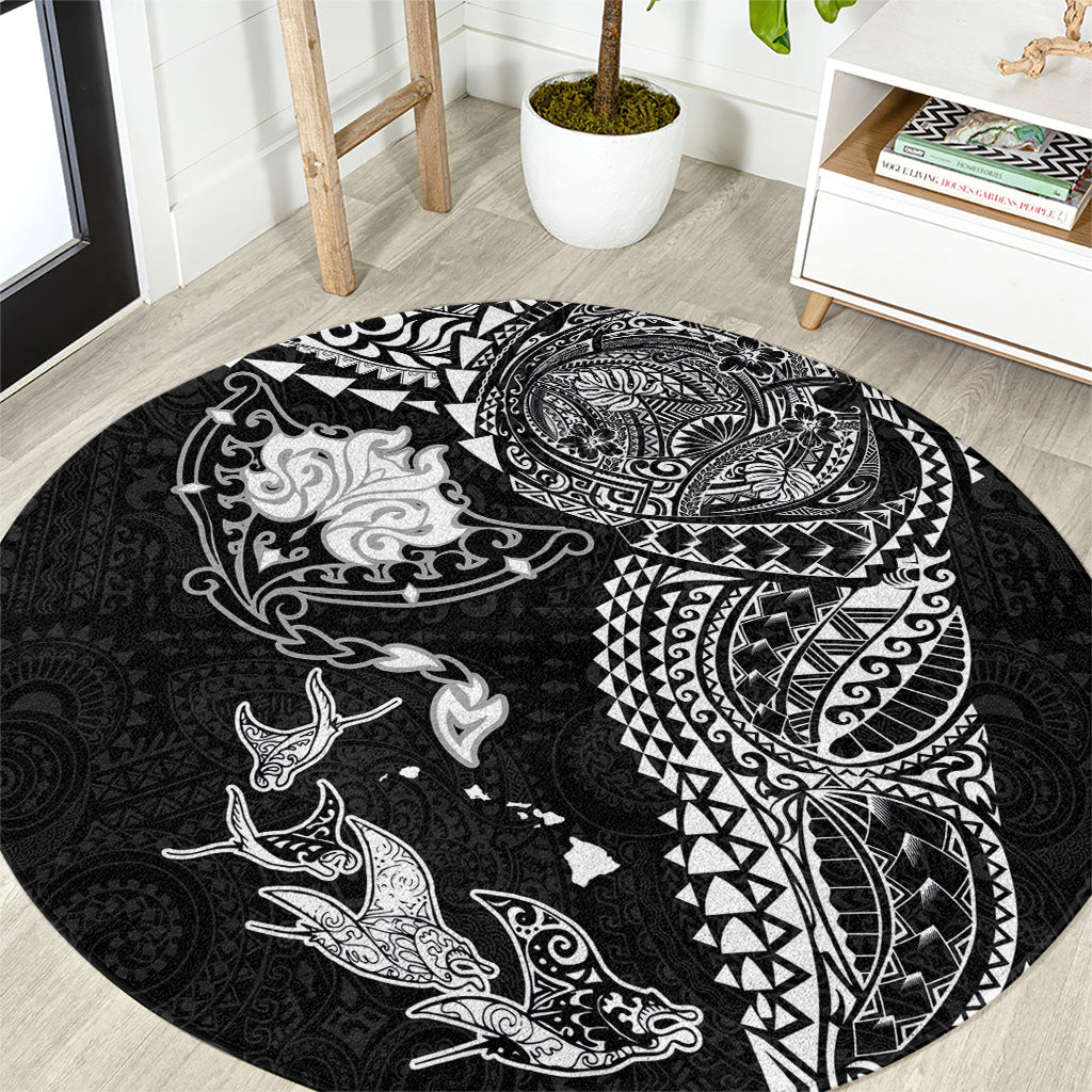 Hawaiian Manta Ray Tribal Round Carpet Polynesian Art Motifs Black Color LT03 Black - Polynesian Pride