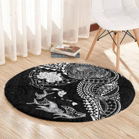 Hawaiian Manta Ray Tribal Round Carpet Polynesian Art Motifs Black Color