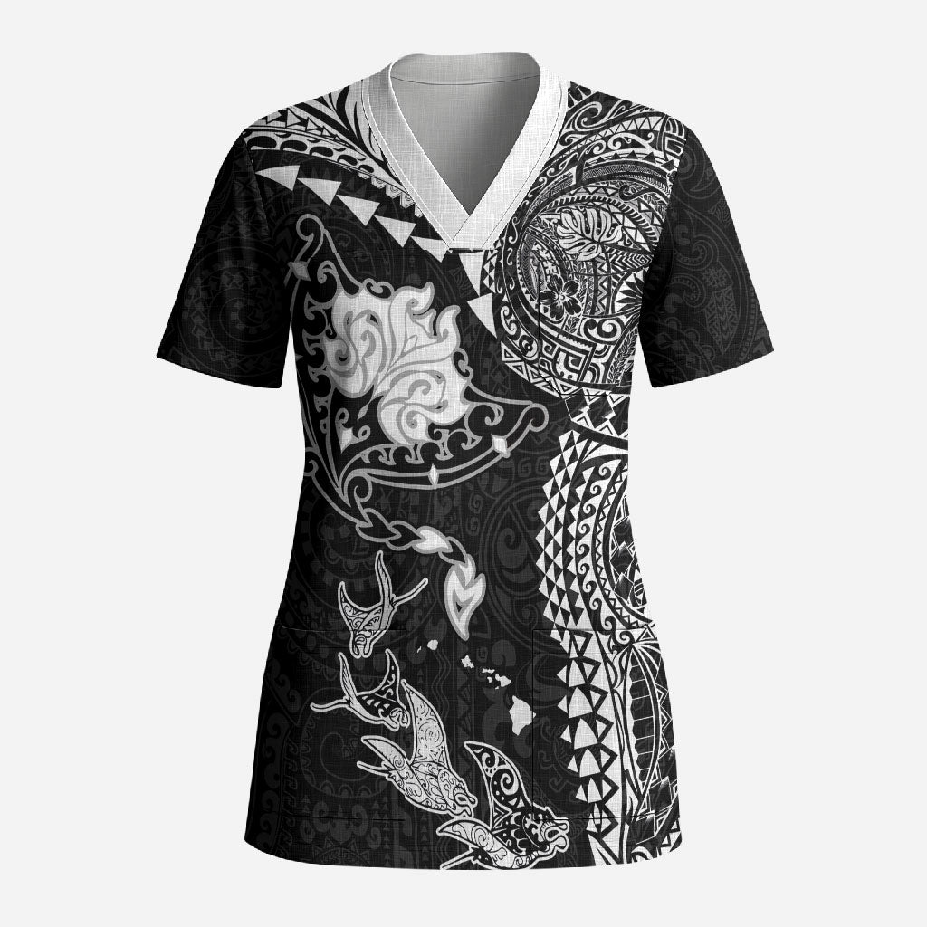 Hawaiian Manta Ray Tribal Scrub Top Polynesian Art Motifs Black Color