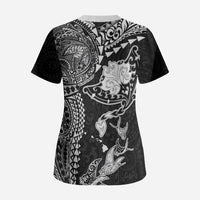 Hawaiian Manta Ray Tribal Scrub Top Polynesian Art Motifs Black Color