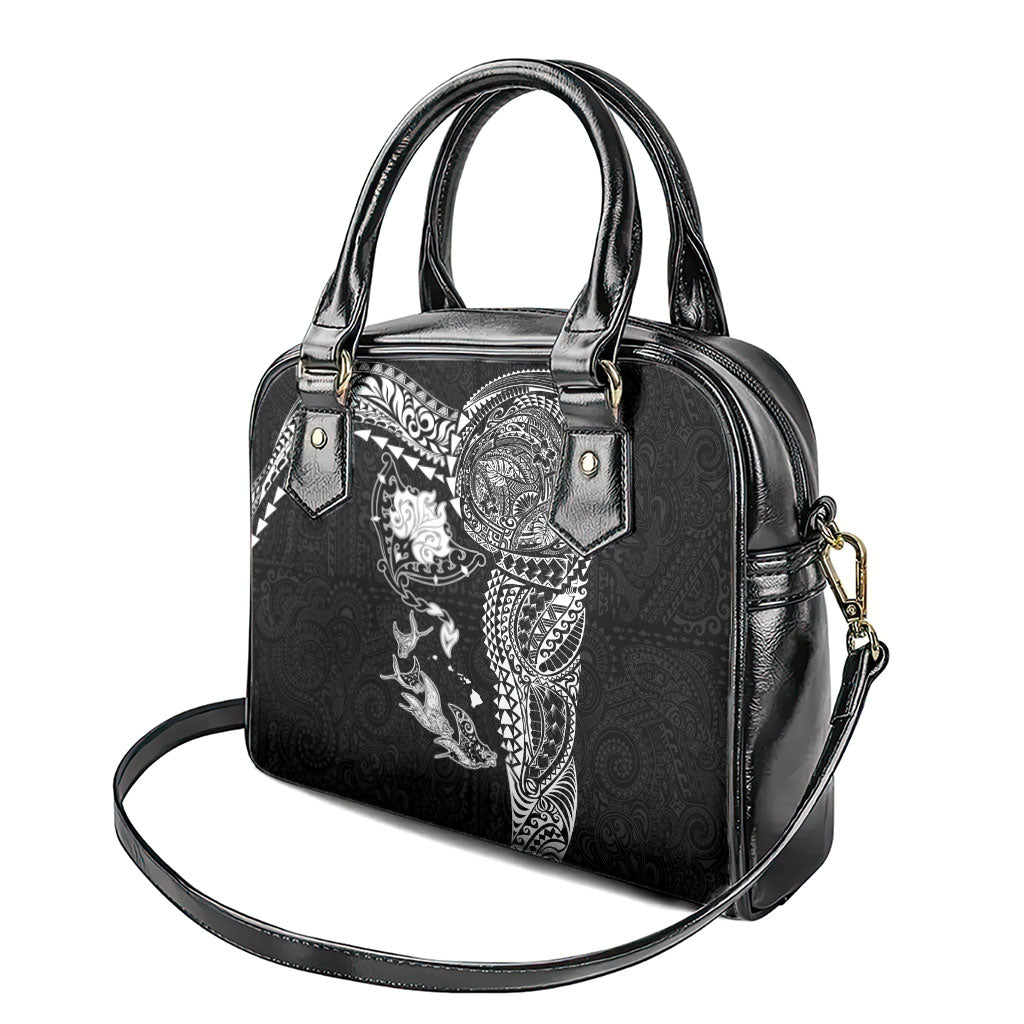 Hawaiian Manta Ray Tribal Shoulder Handbag Polynesian Art Motifs Black Color