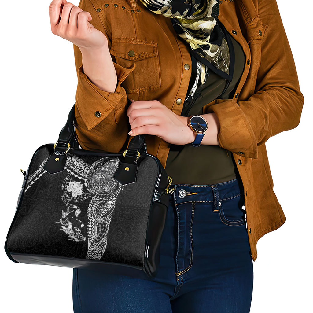 Hawaiian Manta Ray Tribal Shoulder Handbag Polynesian Art Motifs Black Color