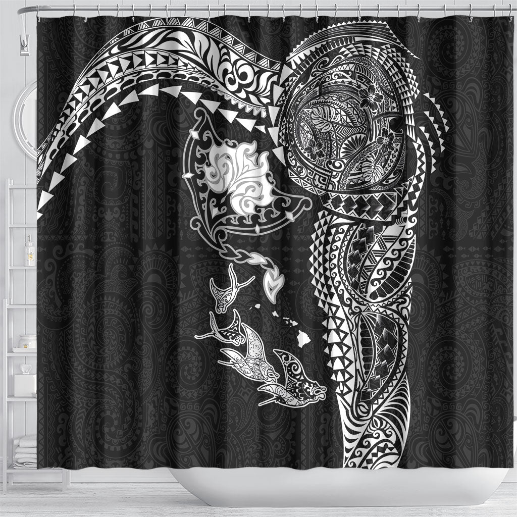 Hawaiian Manta Ray Tribal Shower Curtain Polynesian Art Motifs Black Color