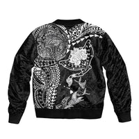 Hawaiian Manta Ray Tribal Sleeve Zip Bomber Jacket Polynesian Art Motifs Black Color