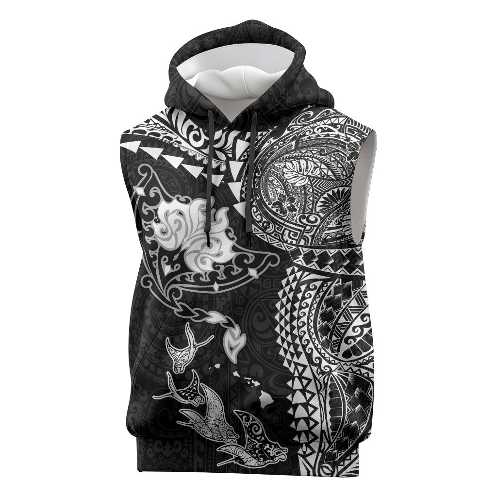 Hawaiian Manta Ray Tribal Sleeveless Hoodie Polynesian Art Motifs Black Color