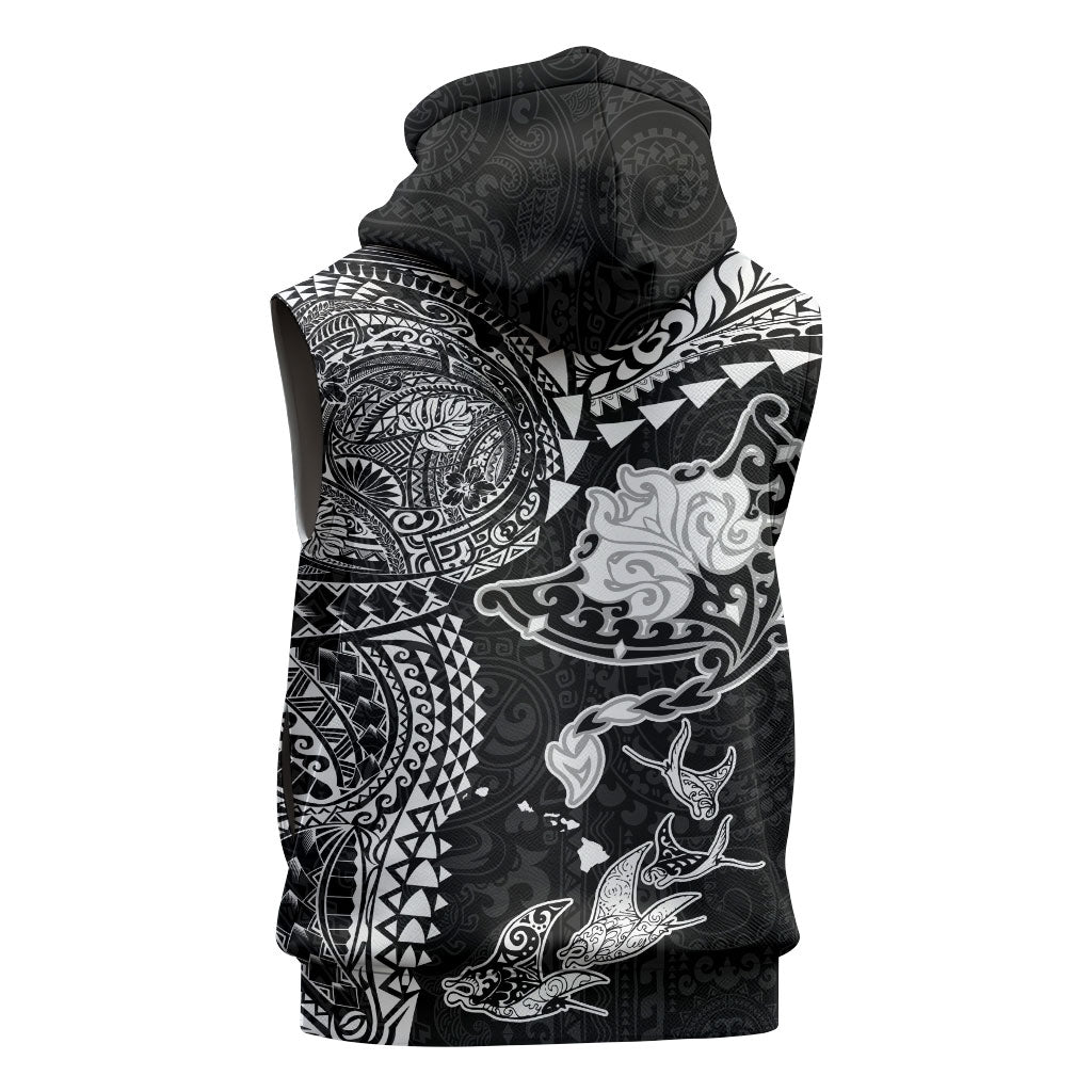 Hawaiian Manta Ray Tribal Sleeveless Hoodie Polynesian Art Motifs Black Color